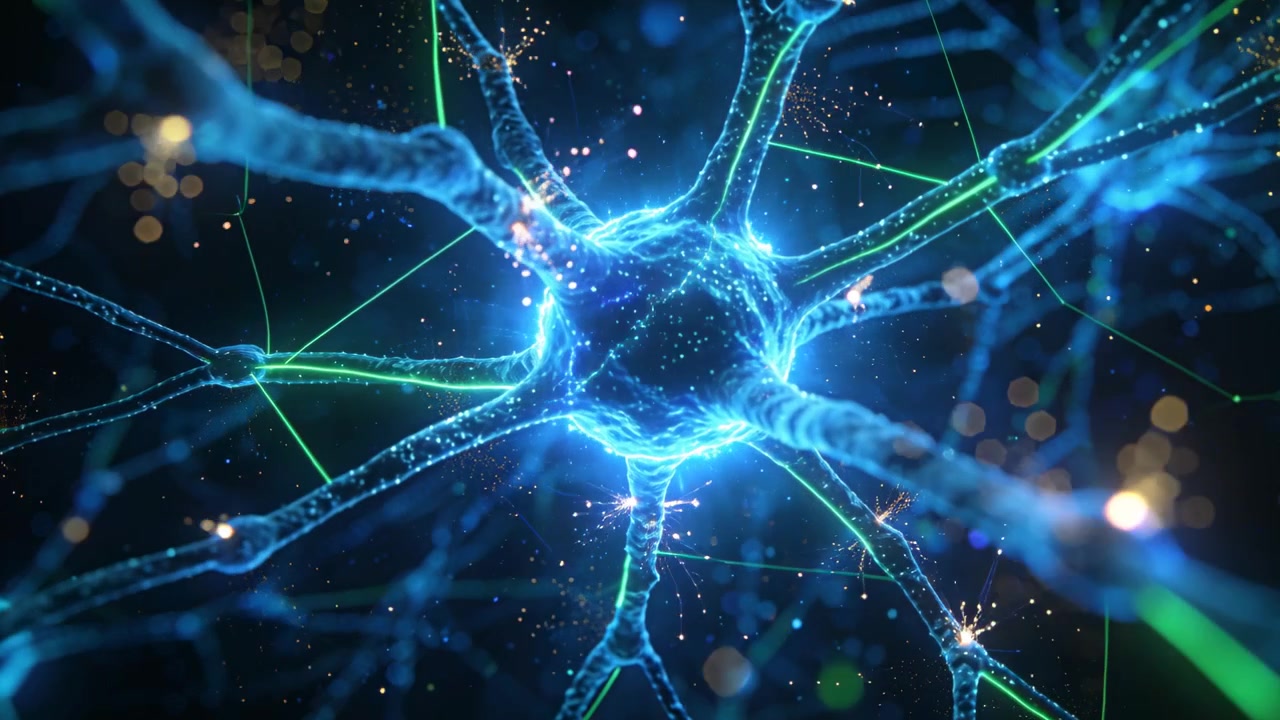 Pulsing central neuron soma sending light along arms, lines after rising glow in sim, with sparks