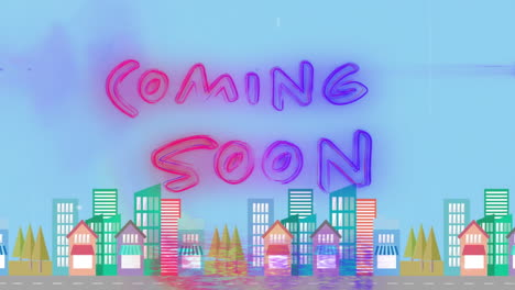 Colorful Coming Soon text animation over stylized cityscape with buildings and trees