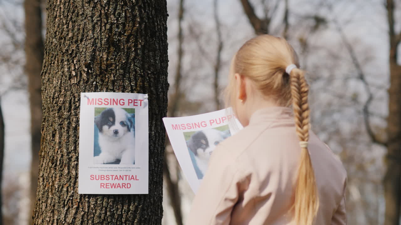 실종된 개 애완동물 수색 포스터를 들고 있는 아이