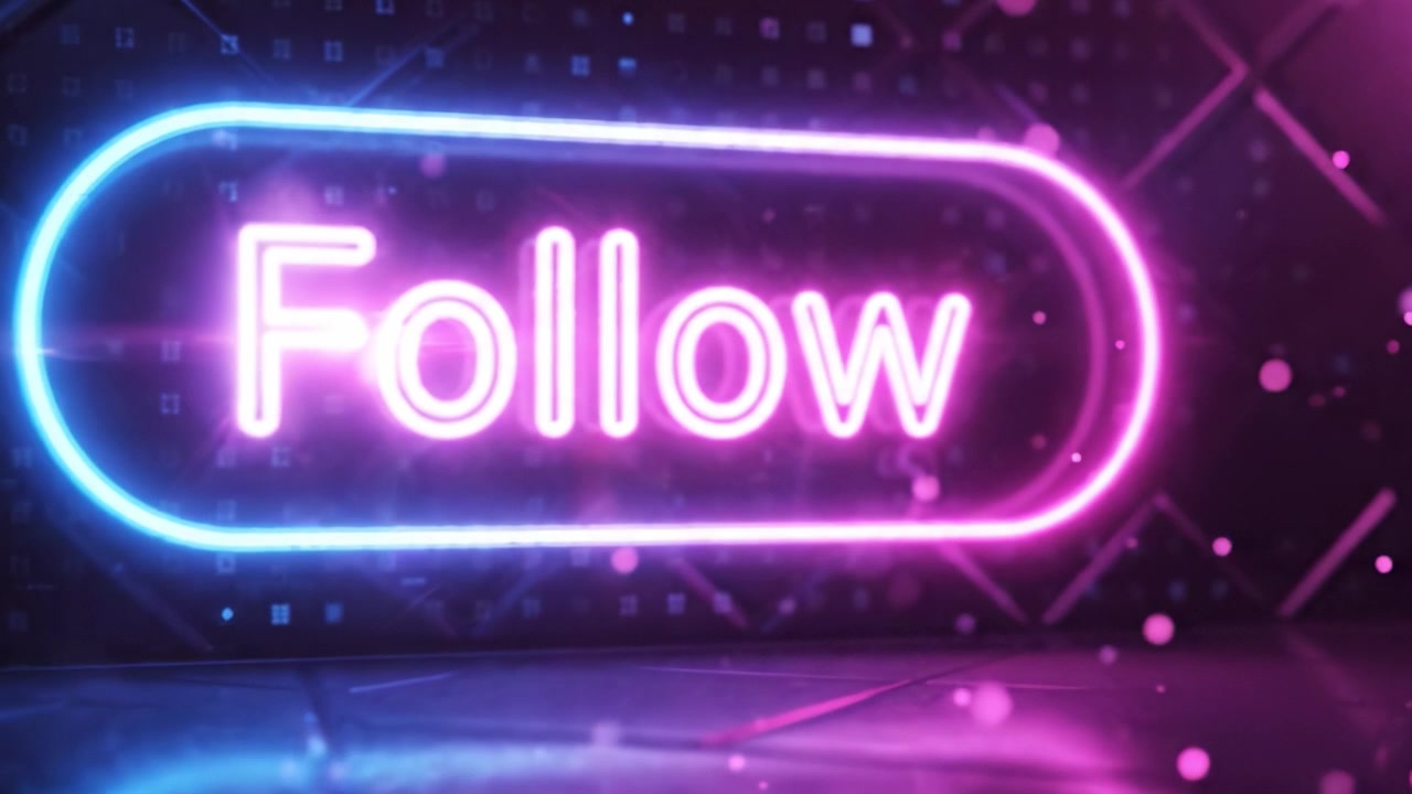 A Captivating Neon Sign that Invites Engagement: 'Follow' Illuminated in Vibrant Pink and Blue Lights Enhancing a Modern Digital Aesthetic