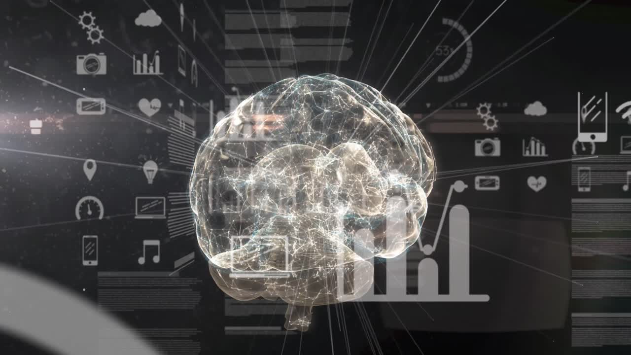 Animation of glowing human brain with digital interface data processing