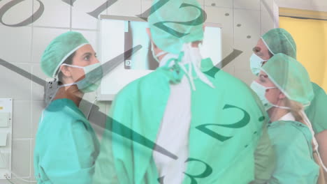 animación del reloj de tic-tac contra el equipo de diversos cirujanos discutiendo sobre el informe de rayos x en el hospital.