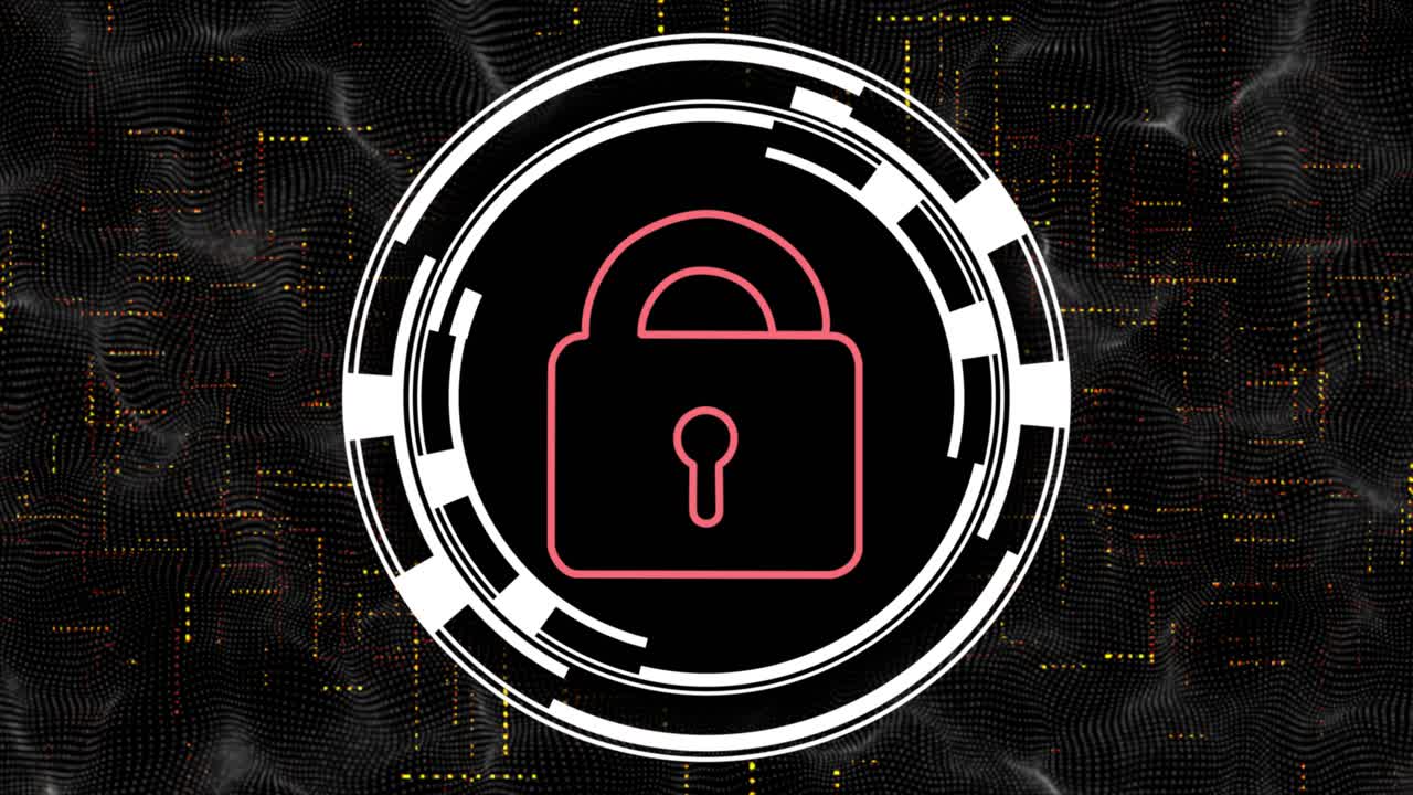 diseño de bloqueo cibernético giratorio, circular, animado, complejo y elegante: el bloqueo se piratea y se abre para acceder a los datos de estilo binario; el bloqueo cambia de rojo a verde