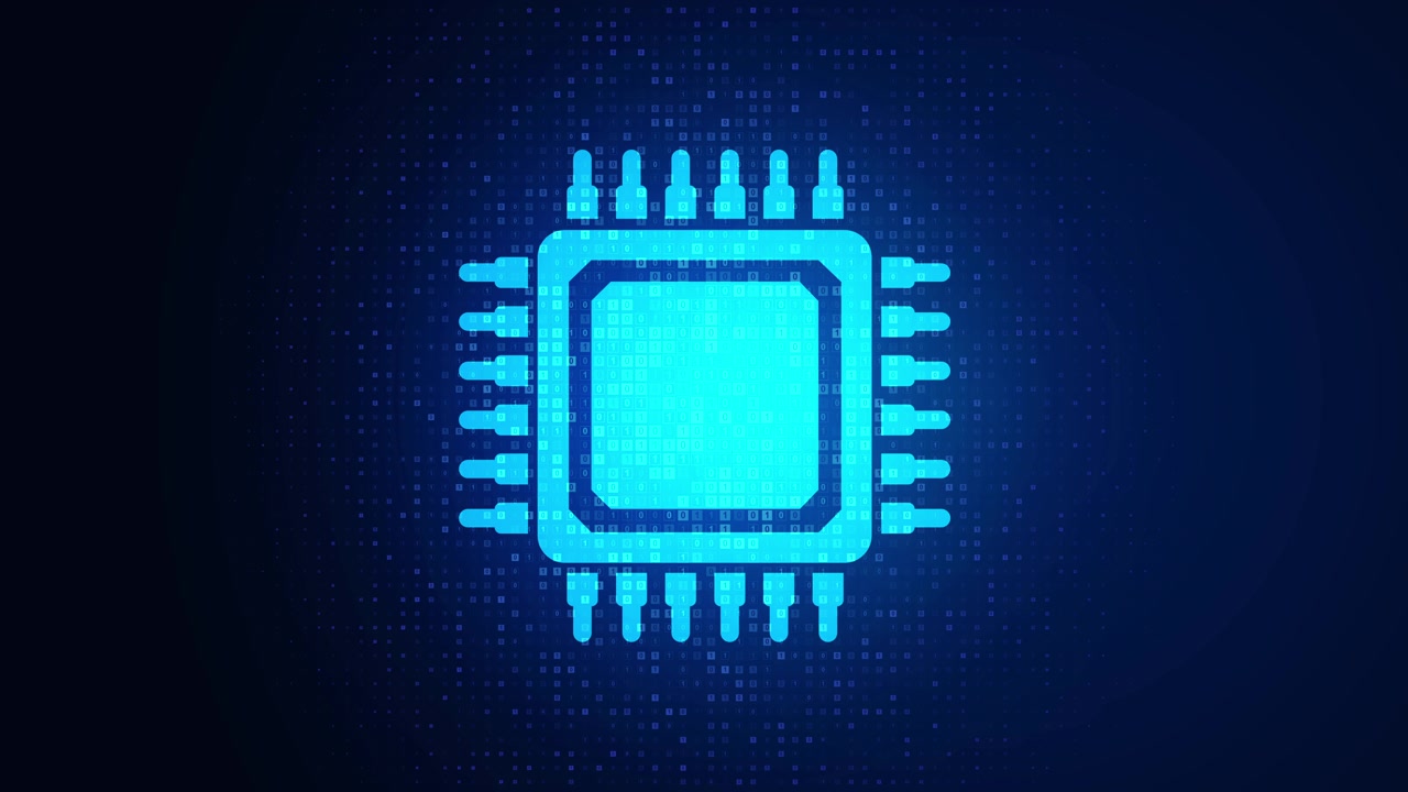 Icona processore microchip digitale su sfondo dati blu