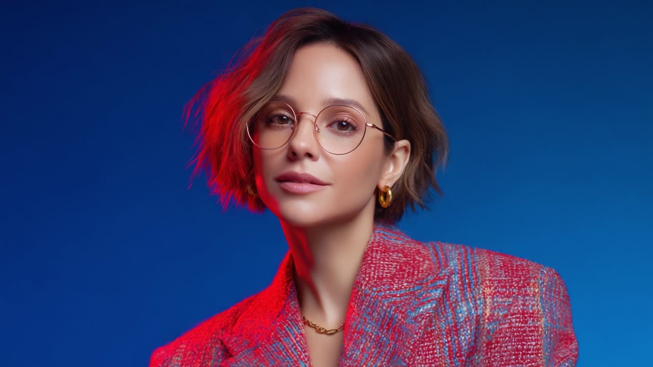 Captivating Portrait Imagery Featuring a Stylish Individual with Short Hair and Round Glasses Against a Striking Blue and Red Background