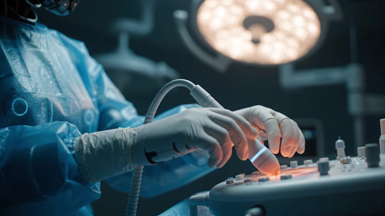 A close-up view of a medical professional operating an advanced diagnostic device in a sterile environment, showcasing precision and focus in healthcare technology.