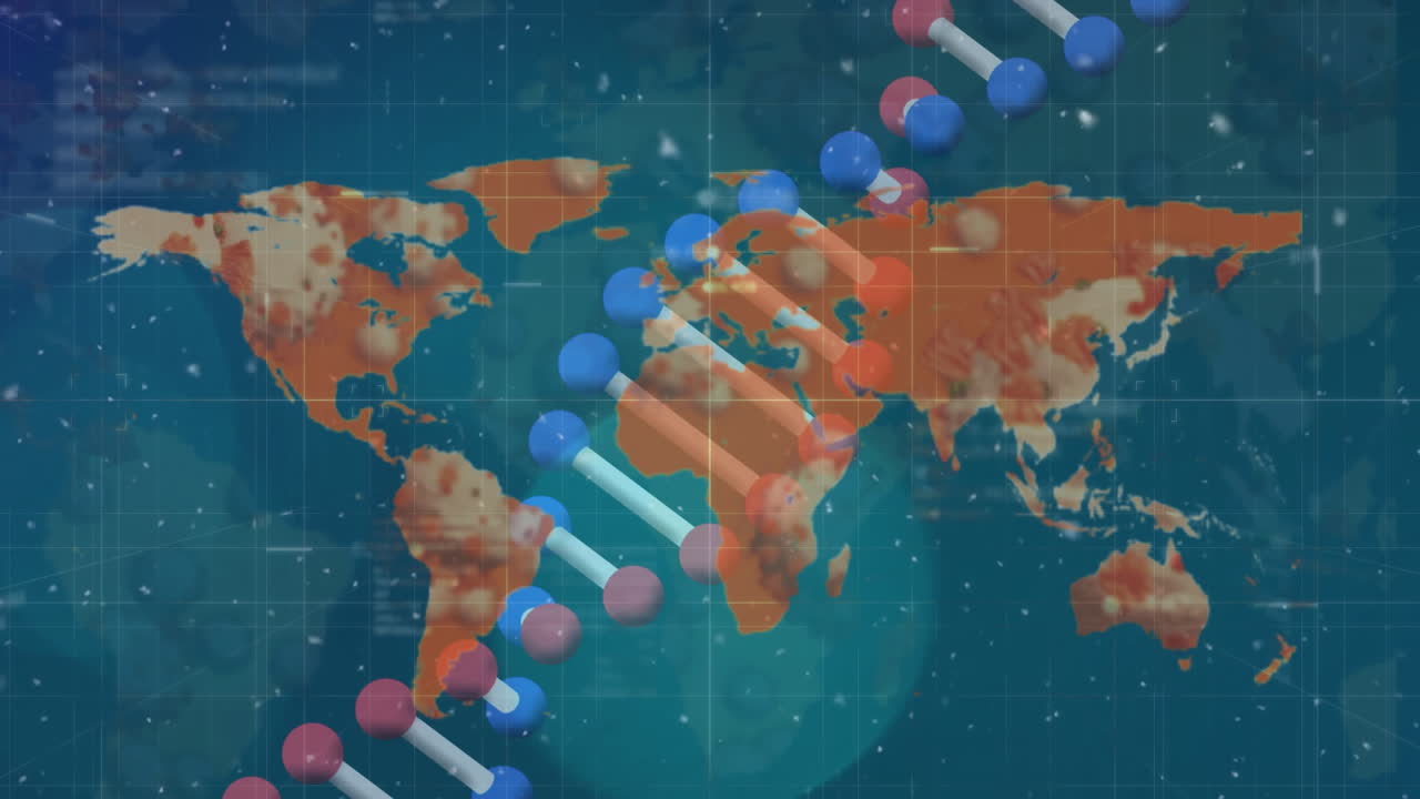 Animazione di cellule COVID-19 e filamento di DNA rotanti su mappa del mondo.
