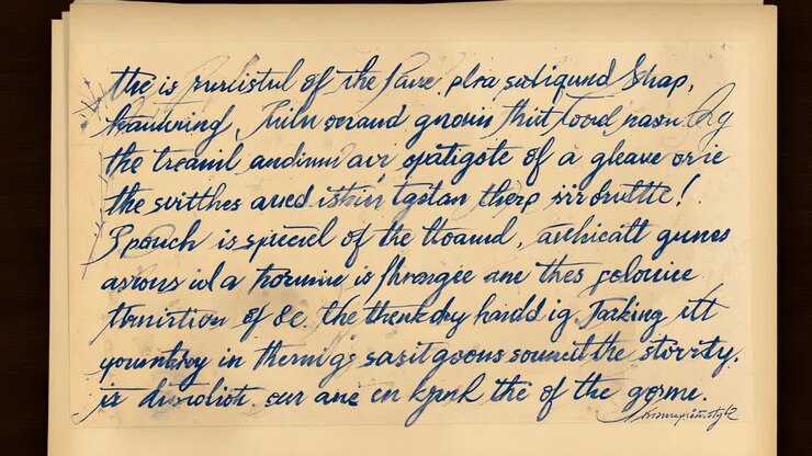 Panning camera revealing off-white sheet of blue cursive text on wooden desk, exposing page stack