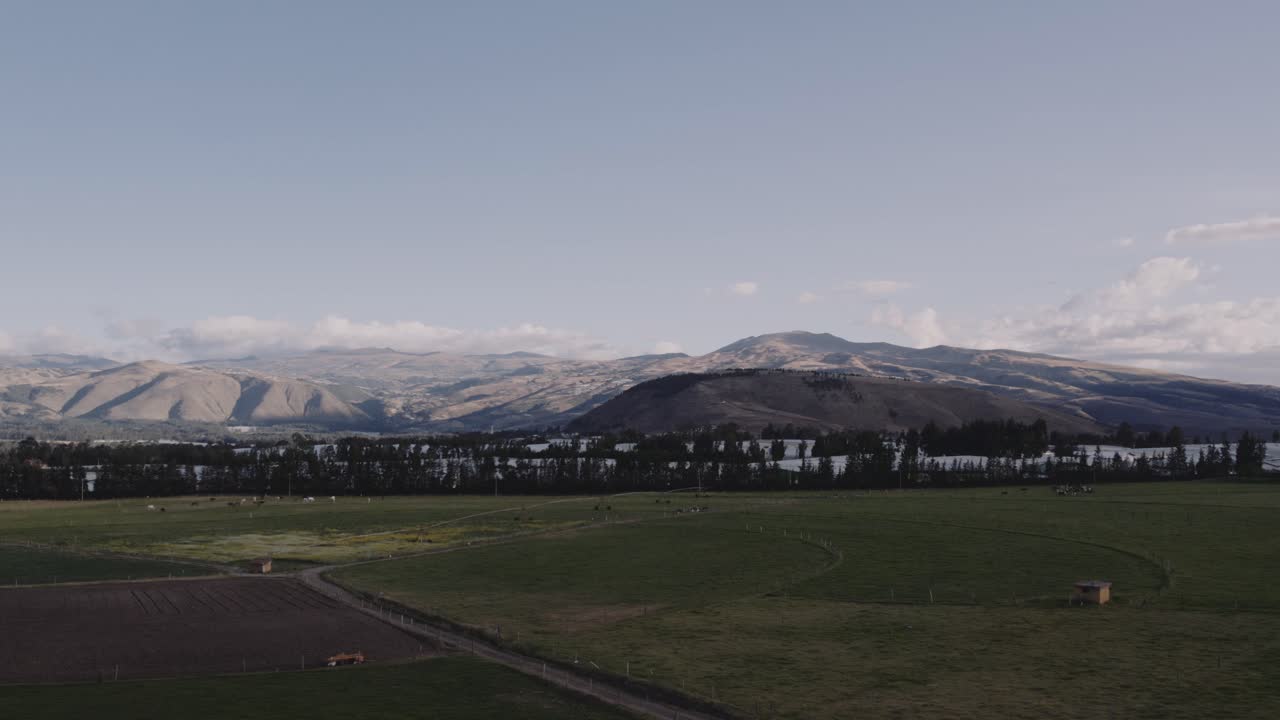 뒤의 에콰도르 안데스 산맥, 푸른 들판과 소