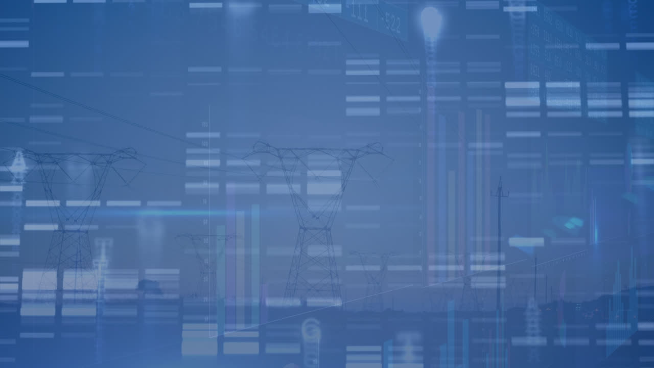 animación del procesamiento de datos sobre los postes de electricidad al atardecer