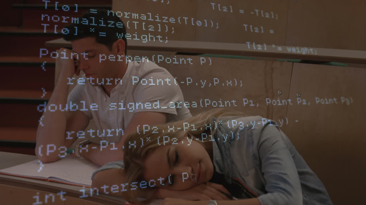 Animation of digital data processing over sleeping couple of caucasian students