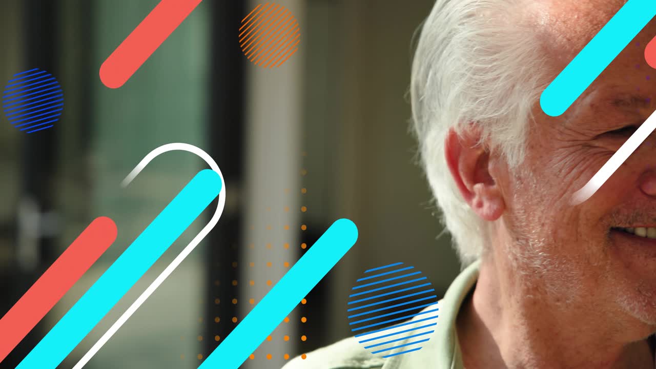 Senior man smiling and turning right as marketing graphics sweeping over face near glass panels