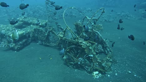 sunken chariot under the sea at tulamben coral garden, super slow mo