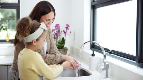 mother and daughter washing hands