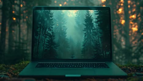 laptop in a misty forest with digital forest display