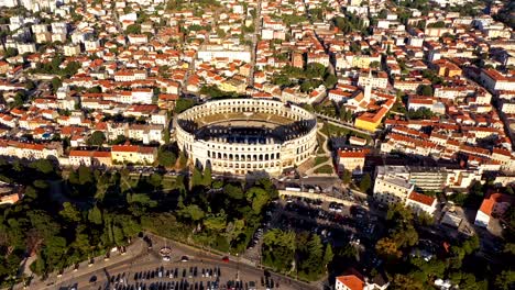 4k. aerial view of roman amphitheatre in pula. istria, croatia, europe