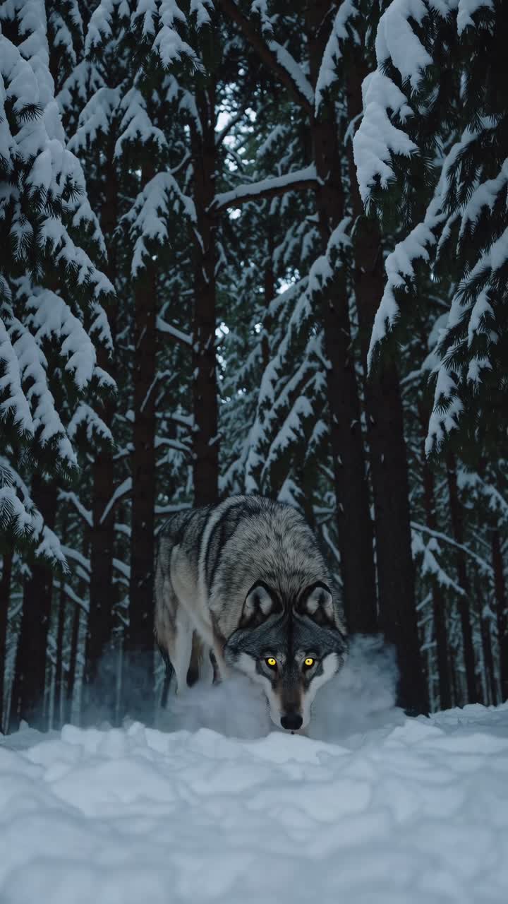 A majestic wolf stands in a snowy forest, captured from a low-angle, creating a dramatic and intense
