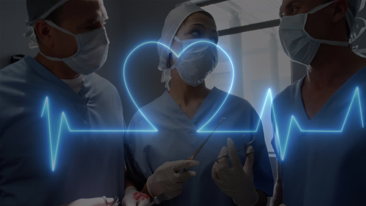 병원에서 수술을 수행하는 다양한 외과 의사 팀에 대한 심장 박동 모니터의 애니메이션
