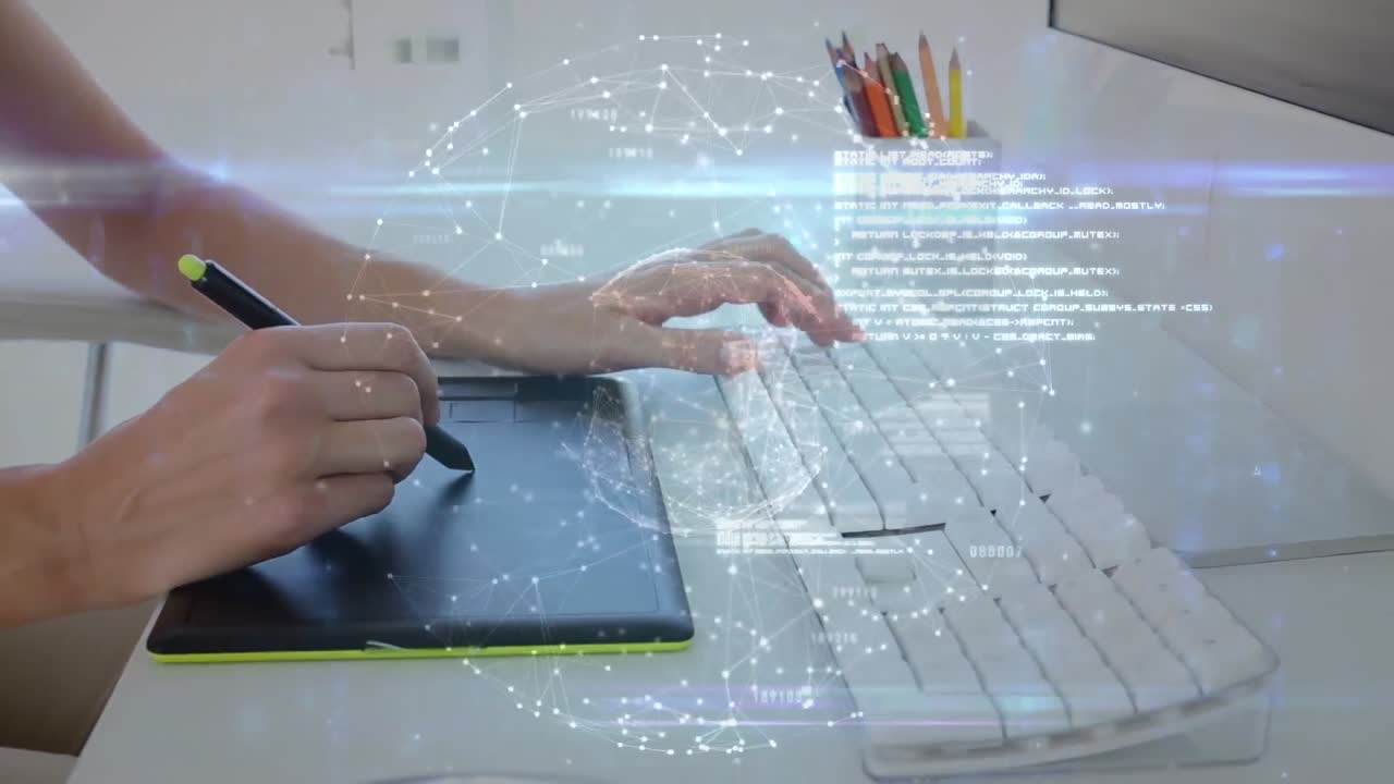 지구를 형성하는 점의 애니메이션과 컴퓨터 언어, 카우카시안 남자가 그래픽 태블릿을 사용하여 스케치