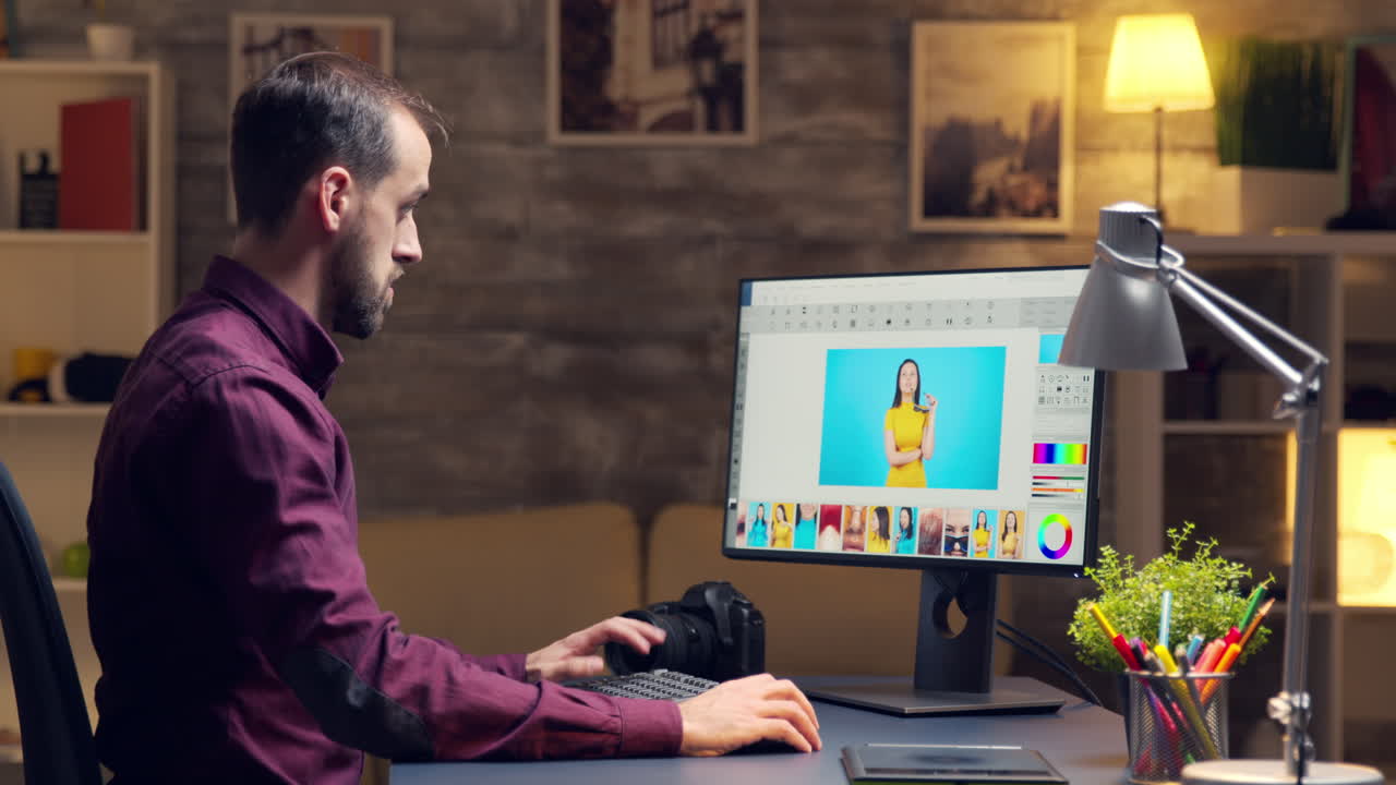 fotógrafo barbudo usando software moderno en la computadora