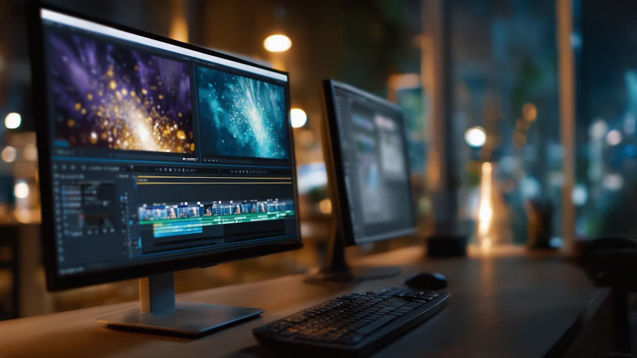 A Creative Workspace Featuring Monitors Displaying Video Editing Software with Colorful Visual Effects and Editing Timeline in a Modern Office Environment