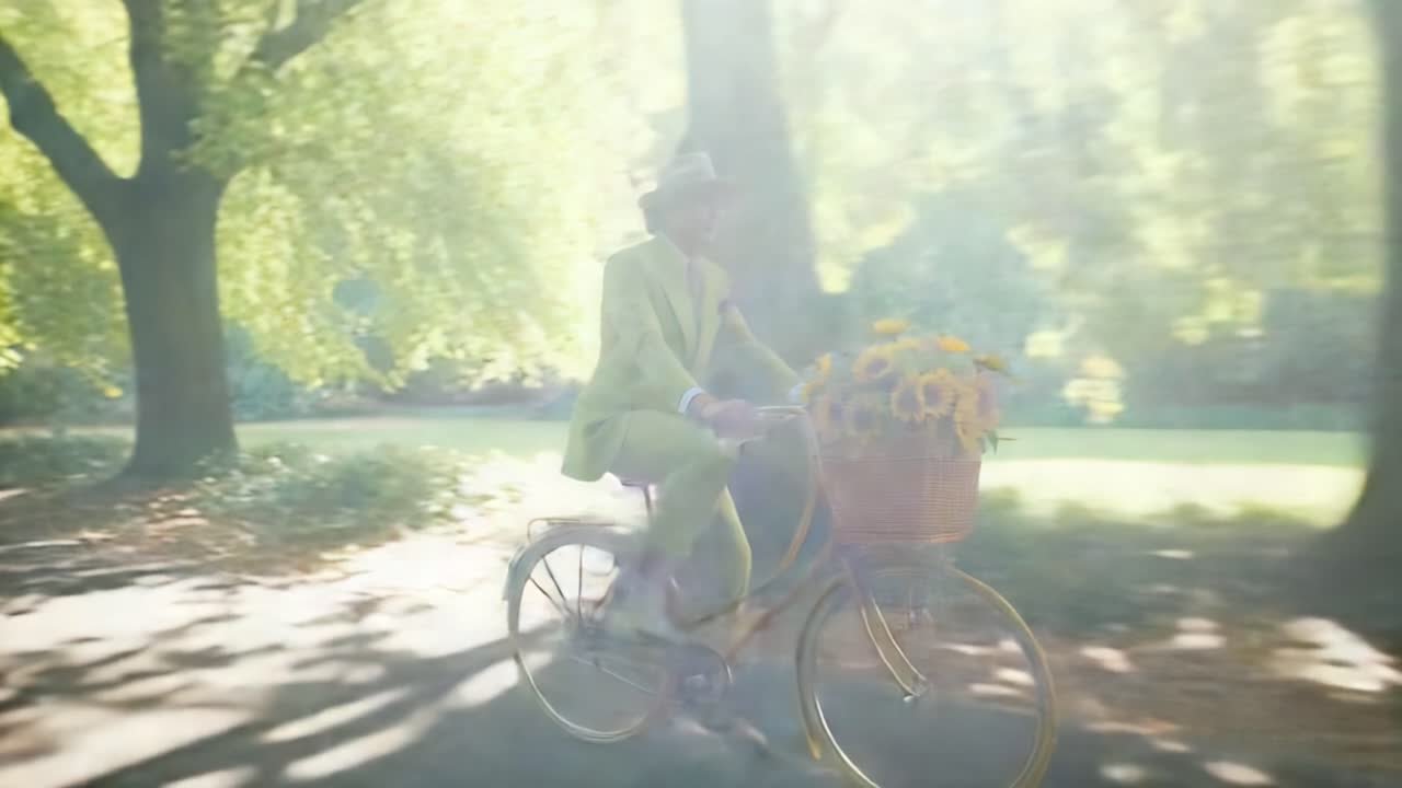 A vibrant scene of a man in a stylish green suit cycling through a sun-dappled park, carrying a basket filled with bright sunflowers, embodying joy and elegance in nature's embrace