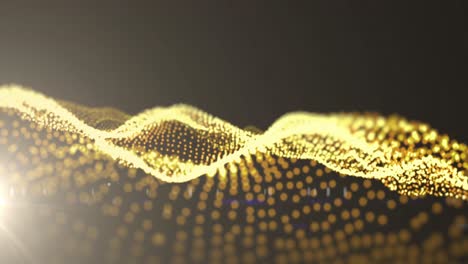 Animation-of-abstract-mesh-with-gold-glowing-spots-floating-and-waving-on-brown-background