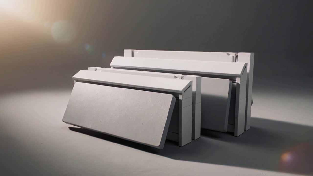 Cam moving, 3 units sliding, lowering hinged panels in studio under warm key light revealing depth