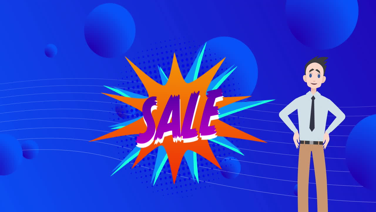 남자 아이콘과 패턴을 가진 레트로 스피치 버블에 판매 텍스트의 애니메이션