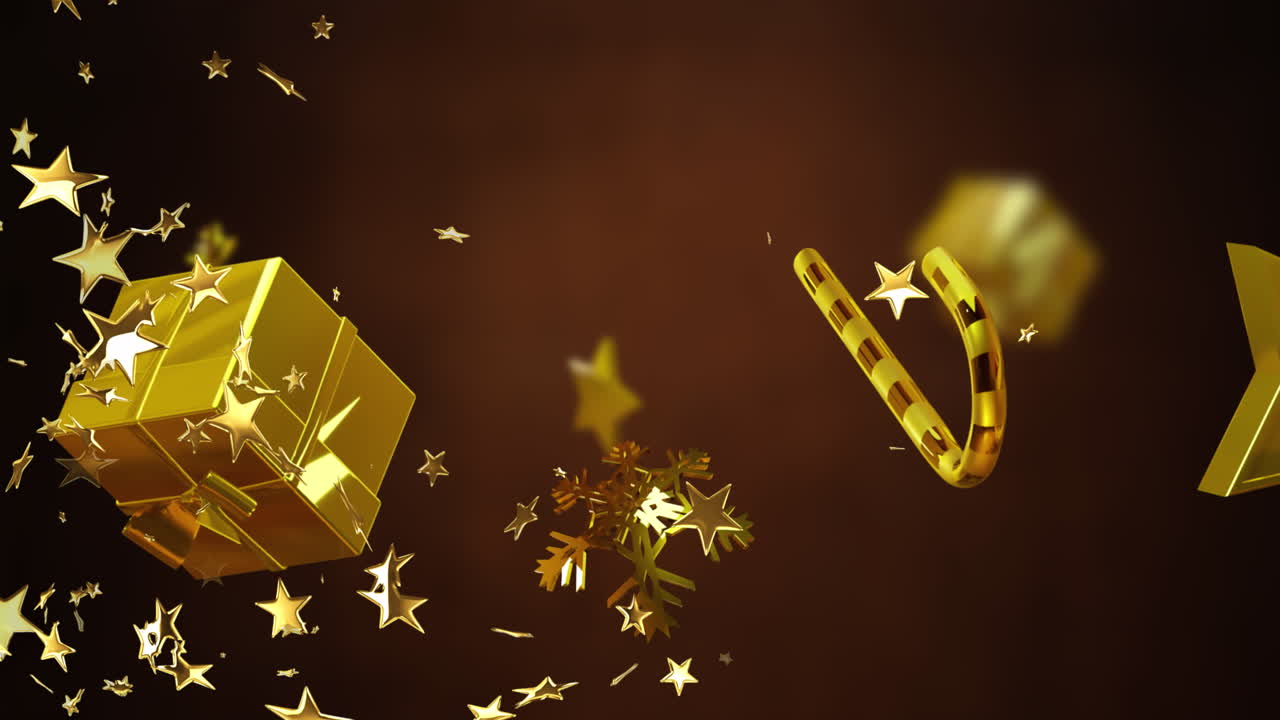 animación de estrellas doradas de navidad y regalos cayendo sobre un fondo marrón.