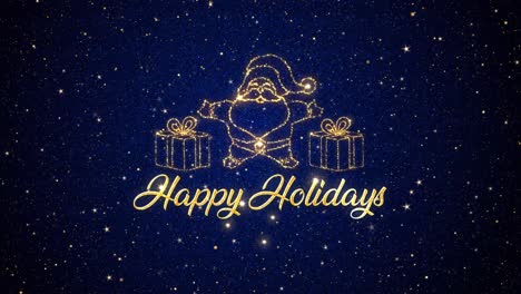 beautiful seasonal animated motion graphic of santa clause with gifts depicted in glittering particles on a starry background, with the seasonal message �happy holidays� appearing