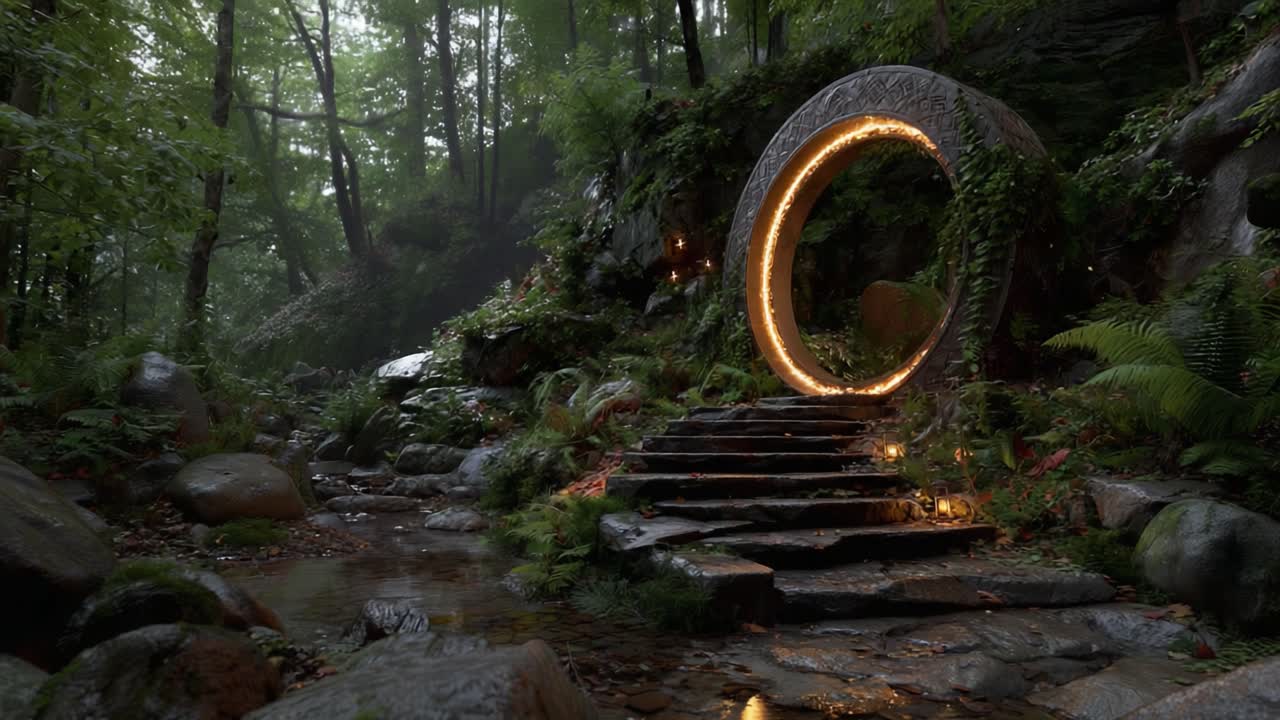 A Stunning Forest Portal Surrounded by Lush Greenery and Gentle Stream: A Whimsical Gateway in Nature Capturing Imagination and Serenity