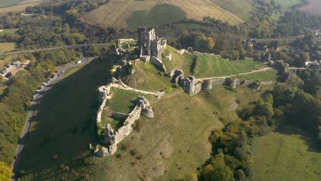 aerial view of a medieval castle ruins in the english countryside