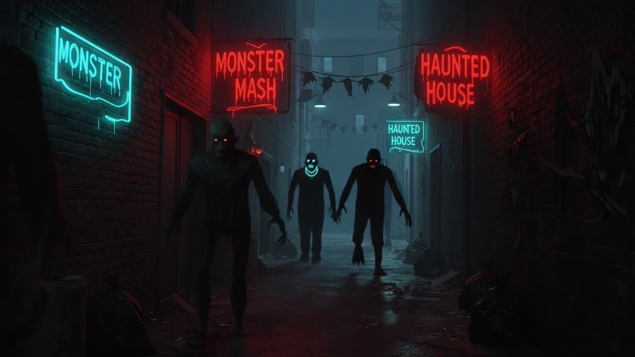 A Dark, Spooky Alleyway Filled with Eerie Shadows and Glow of Neon Signs for a Haunted House and Monster Mash Event, Capturing the Essence of Fear and Mystery