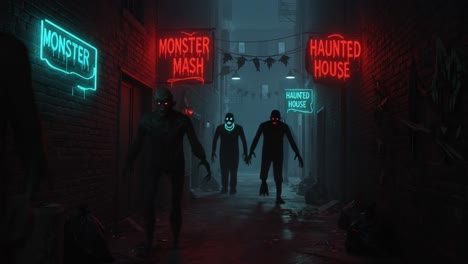 a dark, spooky alleyway filled with eerie shadows and glow of neon signs for a haunted house and monster mash event, capturing the essence of fear and mystery