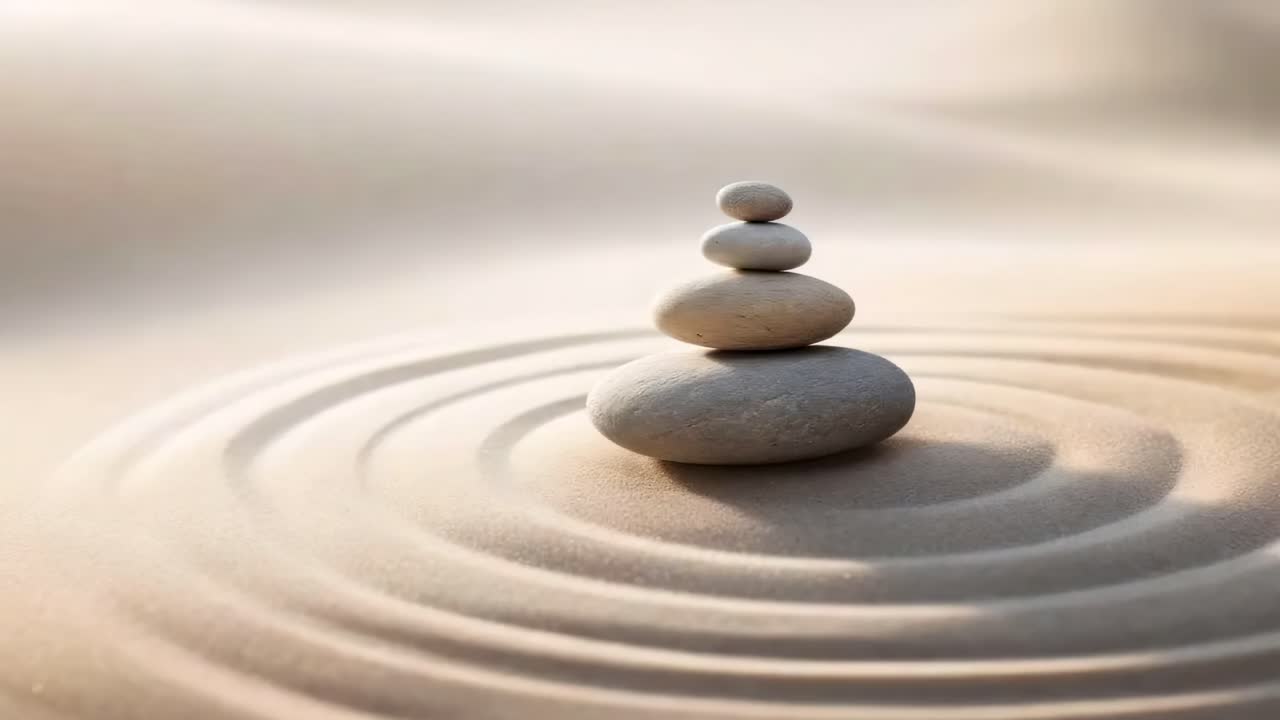 Zen stones stacked on sand with ripples, captured from a low angle