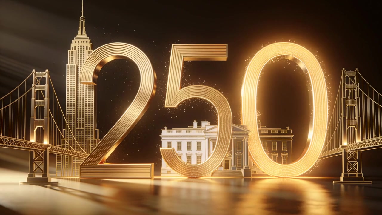 Fasci di luce calda che spazzano rivelando il numero d'oro 250 che brilla su un pavimento lucido, edificio in miniatura