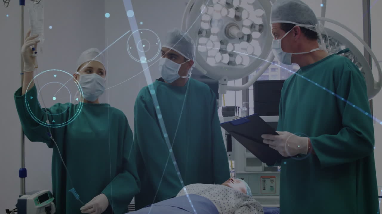 Discussing patient care, medical professionals with medical technology animation in hospital