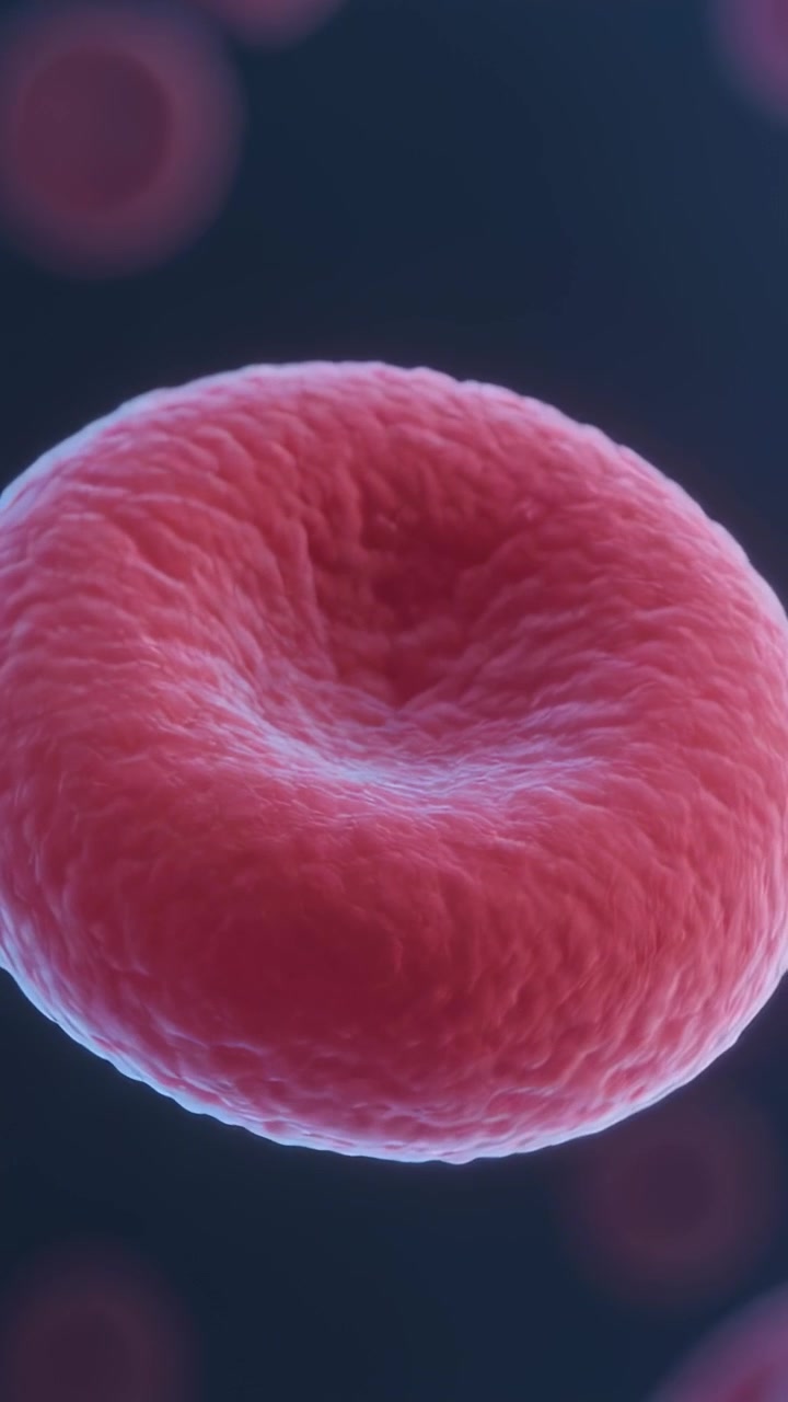Video verticale: Vista con zoom che rivela un globulo rosso in rotazione e mostra una fossetta nel plasma tra cellule sfocate.