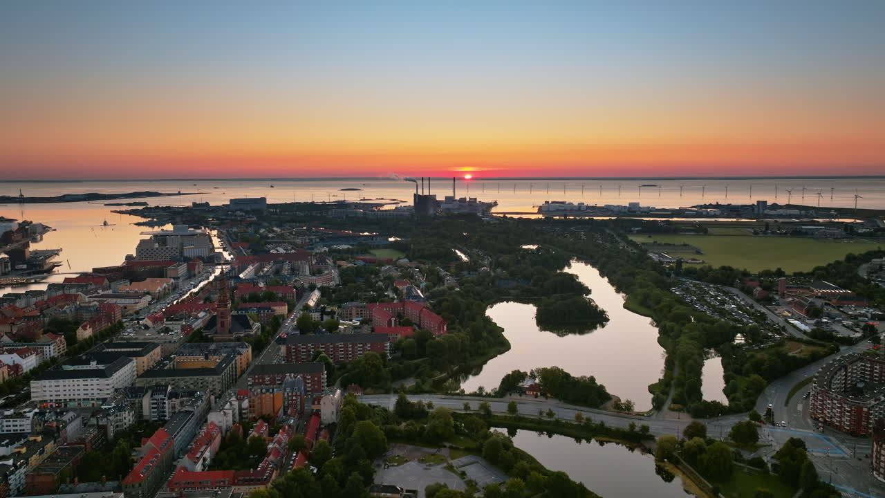 Aerial drone view of Christianshavn small islands at sunset