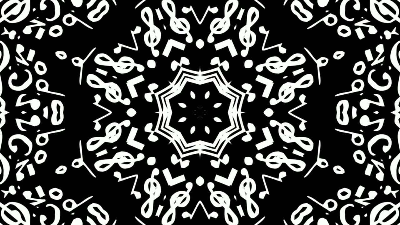 caleidoscopio de símbolos musicales blancos y notas moviéndose en fondo negro