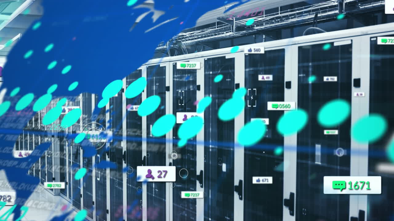 세계 지도와 디지털 아이콘과 컴퓨터 서버 방에 대한 증가하는 숫자