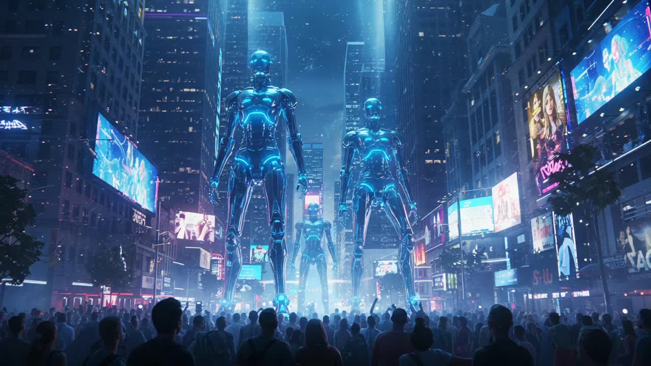 Futuristic Urban Scene: Giant Robots Tower Over a Crowd in a Neon-Lit Cityscape, Creating a Dystopian Yet Captivating Atmosphere Amidst Digital Advertisements