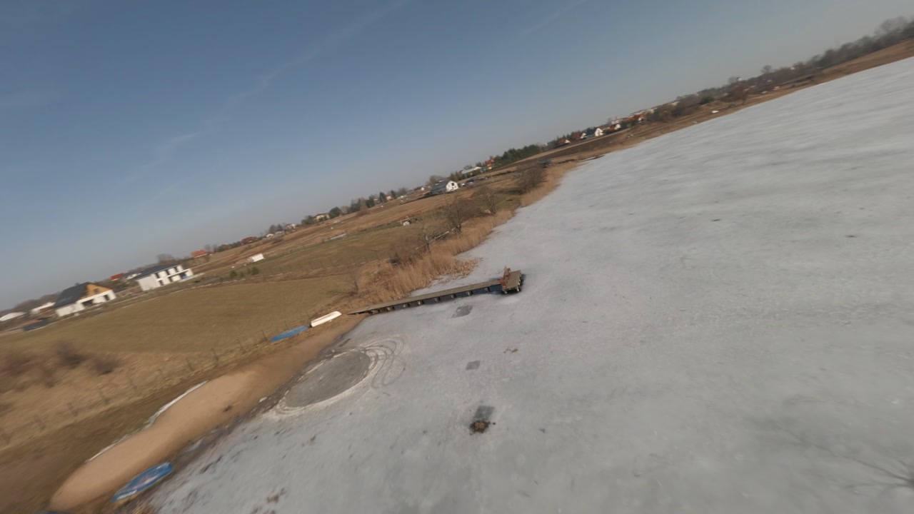 Aerial winter landscape of frozen lake in Elk Poland