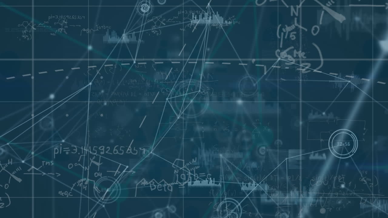 Animation of mathematical equations and data processing over black background