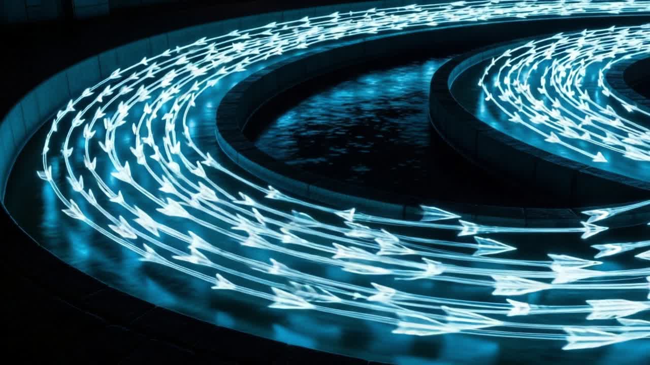 Dynamic Display of Illuminated Arrows in a Spiraling Pattern Over Water at Night, Creating a Mesmerizing Visual Experience with Soft Reflections and Bright Contrasts
