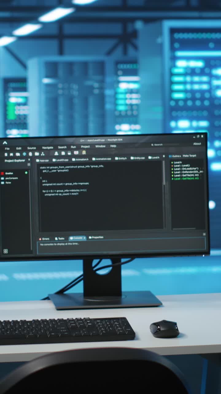 Programmeringskode på dataskjerm i et moderne serverrom