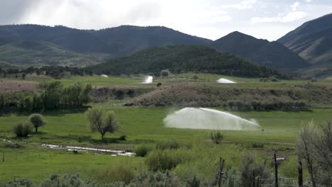 several sprinklers water a rural landscape