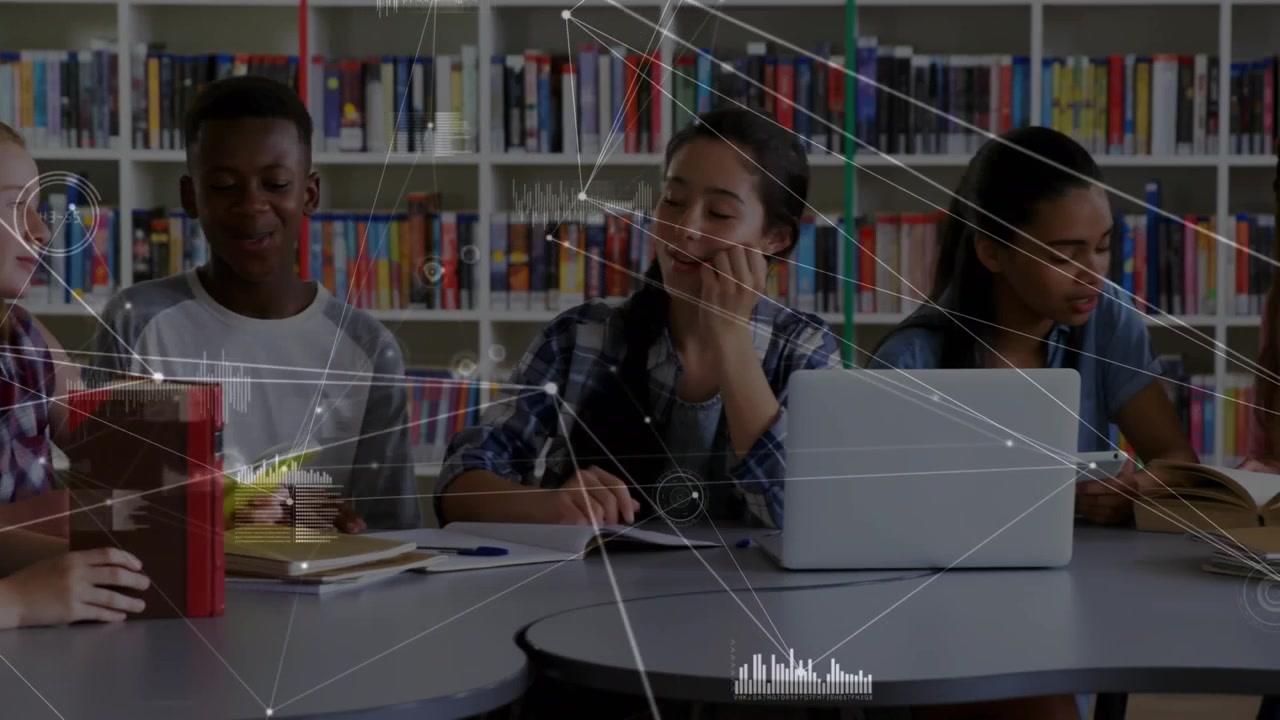 Animação de pontos conectados, gráficos sobre estudantes diversos conversando e usando laptops em biblioteca