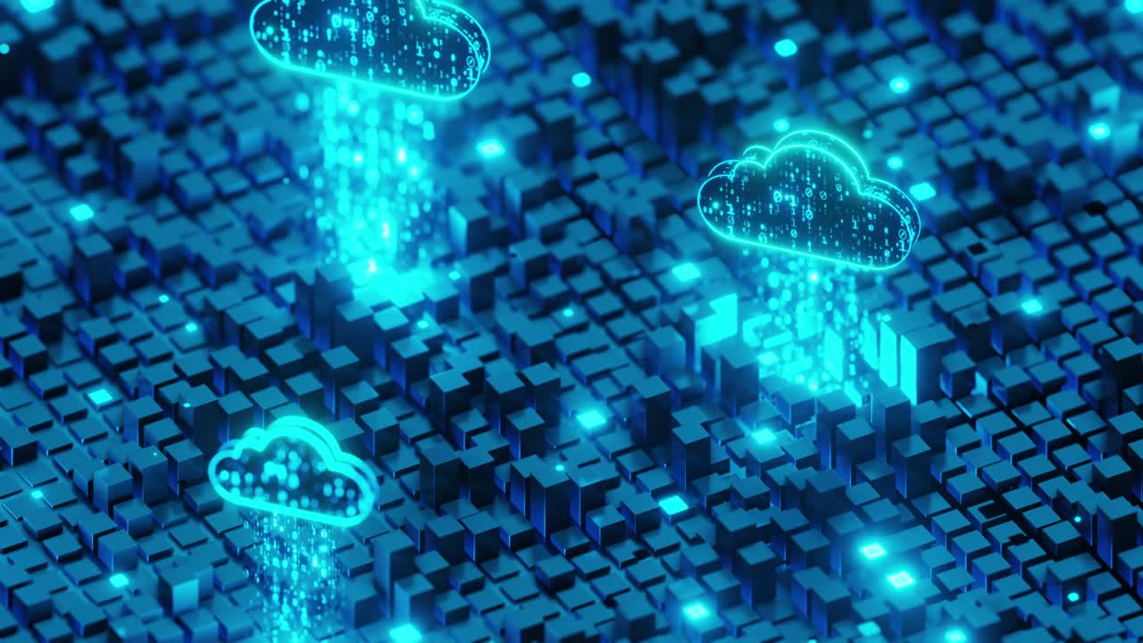 Orthographic view, cloud storage system. Camera pans continuously. Digital code uploaded to Cloud